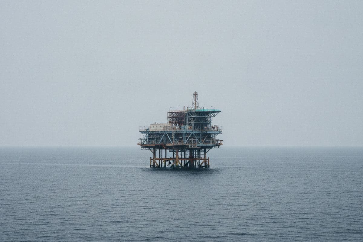 An offshore substation platform alone in a flat grey sea