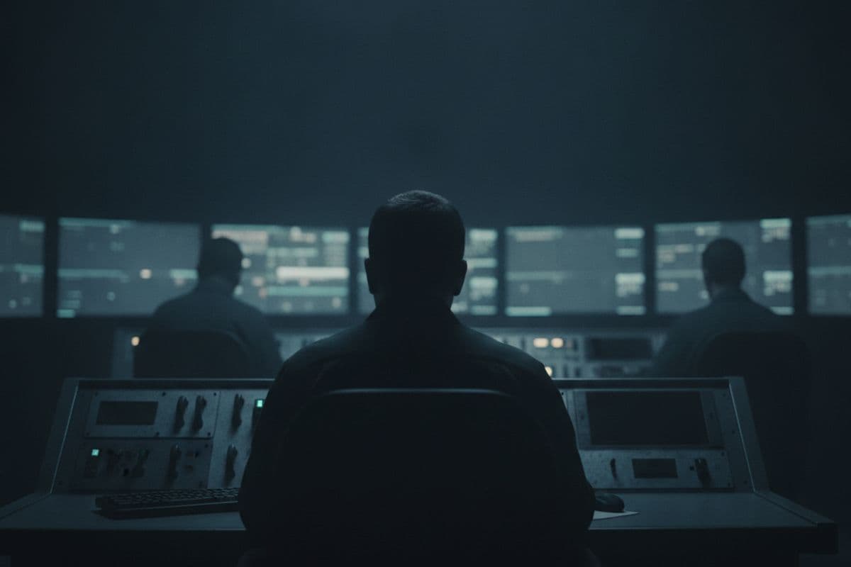A control room at night, operators at their screens